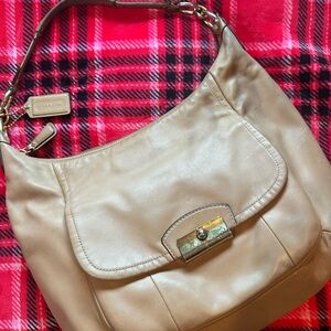 Coach Beige Leather Shoulder Bag with Gold Accents